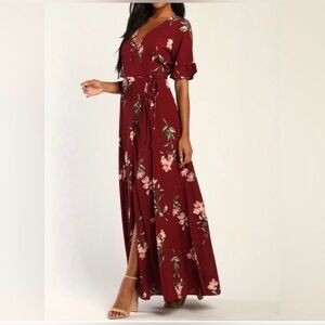 Lulus Wrap Dress Sz S Maxi Floral Burgundy September Sunset V-neck Flowy Dressy